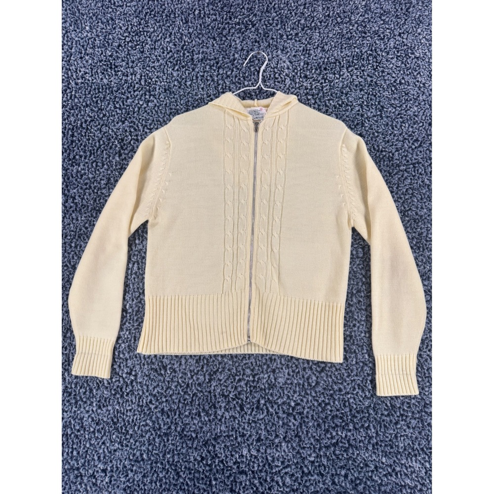 Vintage Sears JR Bazaar Yellow Cable Knit Full Zip Hoodie Sweater Large 5405